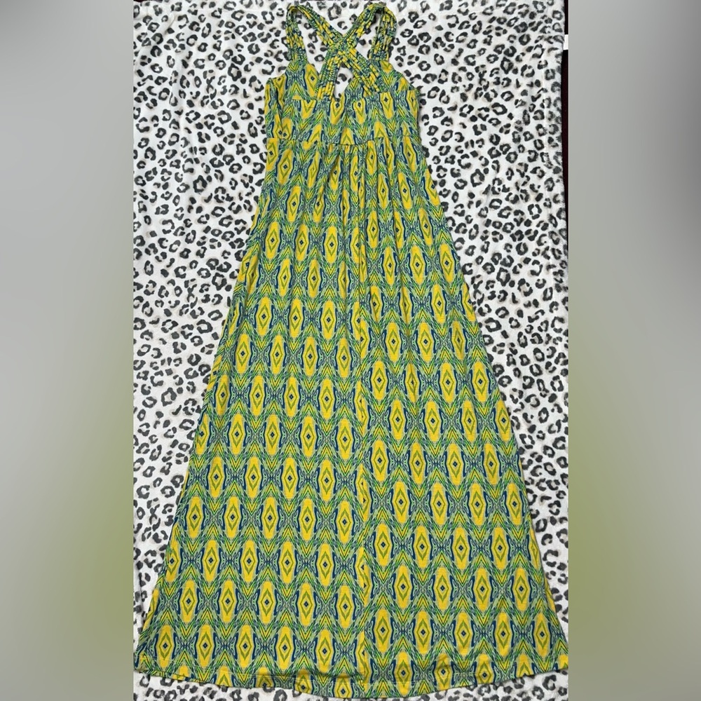 Vintage Pink Rose Vibrant Yellow and Green Maxi Dress - Picture 9 of 15